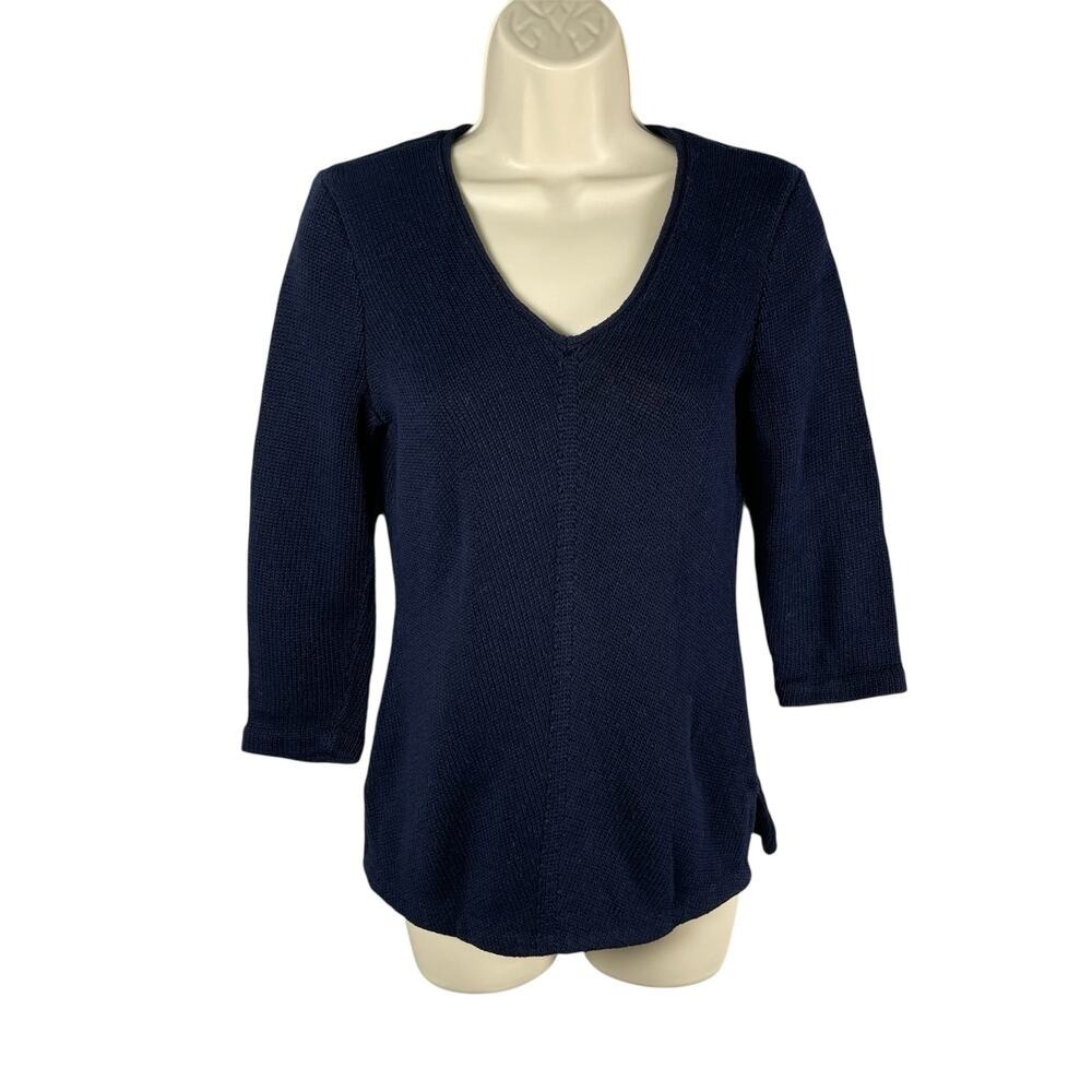 Ralph Lauren Sweater‎ S Navy Mercerized Knit V-neck 3/4 Sleeve Nautical Preppy